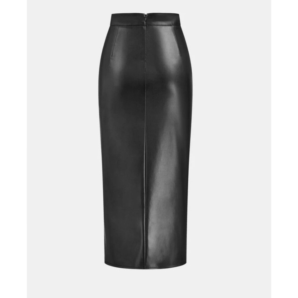 NWT Commense Faux Leather Ruched Slit Midi Bodycon Pencil Skirt - Black - Size M - Picture 2 of 8